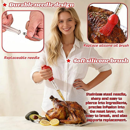 Turkey Baster with Cleaning Brush, Meat Injector Syringe with Detachable Silicone Bulb, 304 Stainless Steel Needle and Basting Brush for Roasting Chicken, 22ml Capacity (Red)