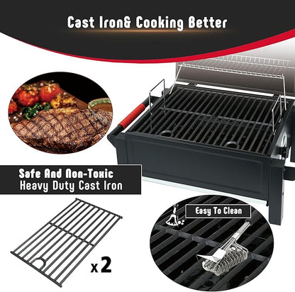 Feasto Portable Tabletop Charcoal Grill, 354 Sq.In Cooking Area with Cast Iron Grates & Temp Gauge, Small BBQ Grill for Camping, Picnic, RV, Outdoor Patio, Grey