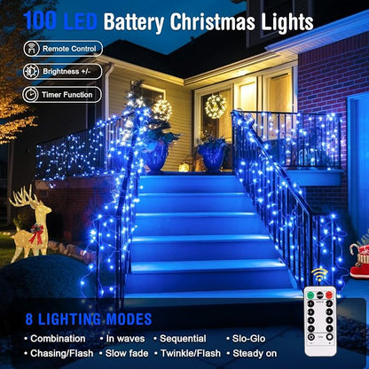 JMEXSUSS 33ft 100 LED Blue Christmas Tree Lights, Battery Operated Christmas Lights with 8 Modes Remote Waterproof Outdoor Indoor for Halloween Christmas Outside Decorations (Pack of 2)