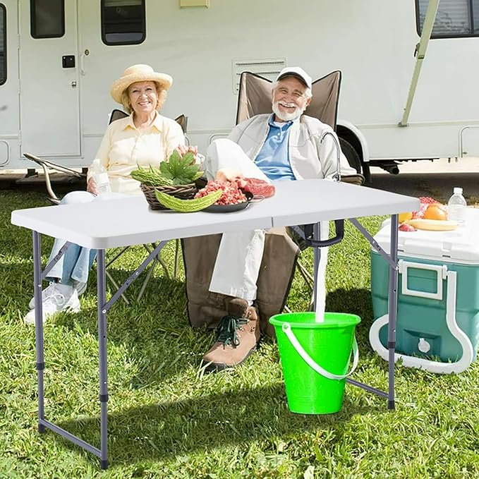 BOOSDEN 4 Foot Folding Table, Portable Rectangle Card Table, Indoor Outdoor Plastic Fold-in-Half Utility Table with Carrying Handle, Adjustable Height Foldable Tables for Picnic,Party,Camping,Office
