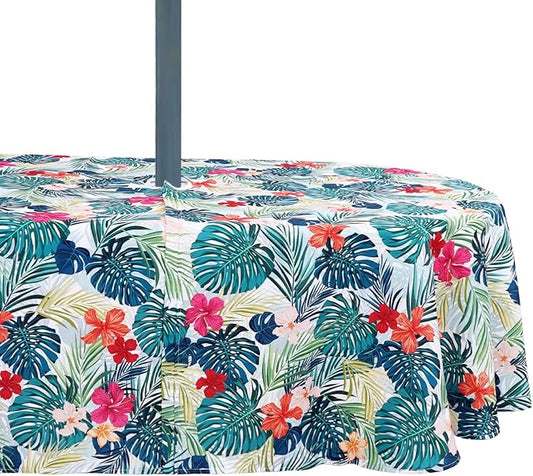 Oval Outdoor Tablecloth with Umbrella Hole and Zipper, Patio Table Covers for Spring/Summer, Machine Washable Outdoor Party/Picnic Oval Table Cloth
