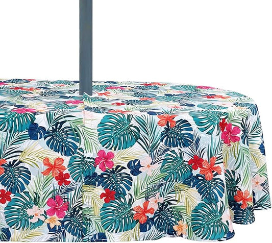 Oval Outdoor Tablecloth with Umbrella Hole and Zipper, Patio Table Covers for Spring/Summer, Machine Washable Outdoor Party/Picnic Oval Table Cloth