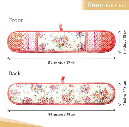 Maison d' Hermine Double Oven Mitts 100% Cotton 7"x35" Double Oven Mitt Heat Resistant BBQ Cooking Gloves with Loop Baking Grilling Kitchen Hotel Home Farmhouse Spring Summer (Rose Garden)