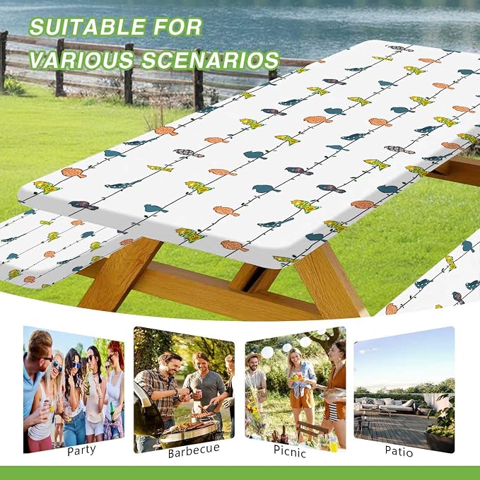 JAWO Camper RV Picnic Table Cover with Bench Covers, Colorful Birds RV Essentials Gear Supplies Outdoor Waterproof Windproof Tablecloth with Elastic, 30X96in