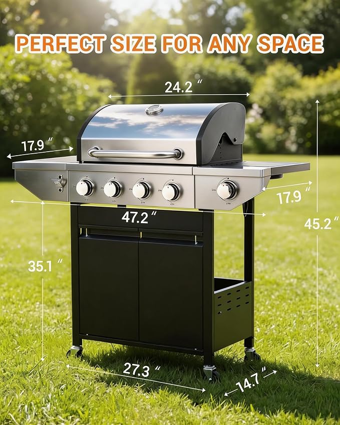 EUHOME 4-Burner Propane Gas BBQ Grill with Side Burner, 46,500 BTU Stainless Steel Outdoor BBQ with Enameled Cast Iron Grates & Foldable Side Tables for Patio, Backyard, and Outdoor Cooking