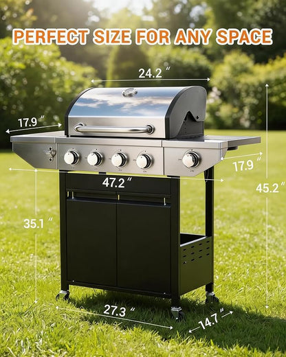 EUHOME 4-Burner Propane Gas BBQ Grill with Side Burner, 46,500 BTU Stainless Steel Outdoor BBQ with Enameled Cast Iron Grates & Foldable Side Tables for Patio, Backyard, and Outdoor Cooking