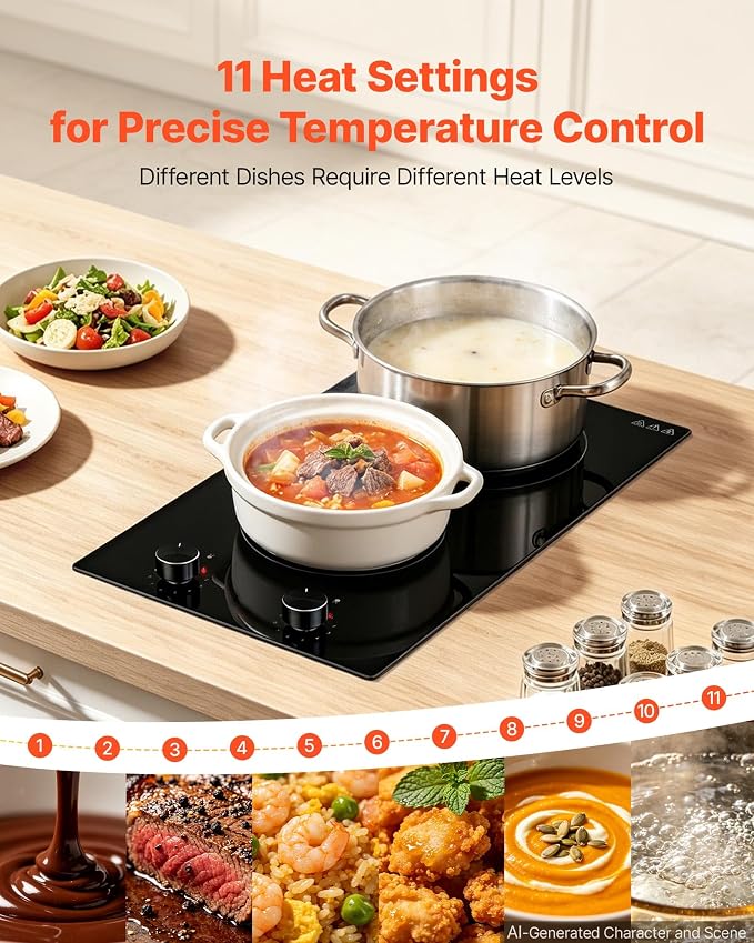 VEVOR Electric Cooktop 12in 2 Burners Portable Stove Top 1800W 120V Plug In, Ceramic Countertop/Built-in Radiant Electric Stove, with 11 Power Levels, Over-Heat Guard, Knob Control