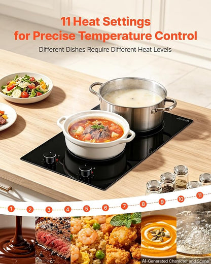 VEVOR Electric Cooktop 12in 2 Burners Portable Stove Top 1800W 120V Plug In, Ceramic Countertop/Built-in Radiant Electric Stove, with 11 Power Levels, Over-Heat Guard, Knob Control