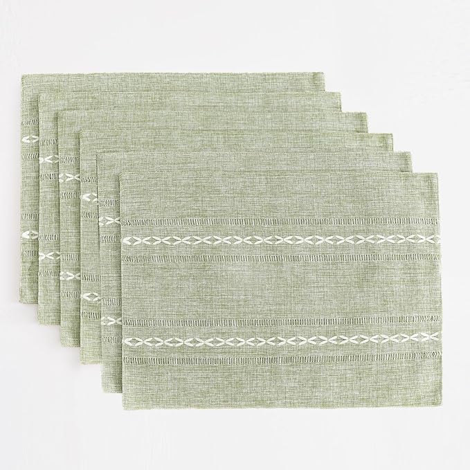 Wracra Cotton Linen Place Mats, Sage Green Embroidered Placemats Set of 6 | Placemats 12 x 18 Inch; Cotton Linen Woven Fabric; Heat Resistant Table Mats; Raised Embroidered Hollow Design