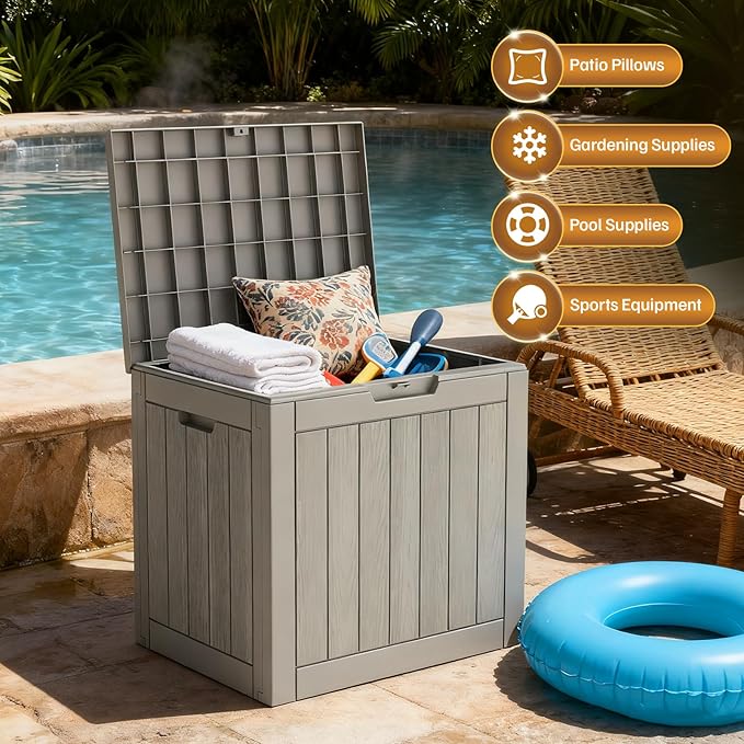 25 Gallon Outdoor Deck Box - Lockable Waterproof Storage Container, Resin Weatherproof Box for Patio Garden Furniture Pool Tools Cushions, Grey