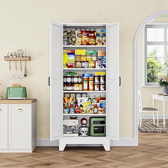 Letaya 75" H Metal Storage Cabinet with 2 Doors and 4 Shelves,Tall Kitchen Pantry Cabinets,Farmhouse Utility Pantry Organizers for Cupboard/Dining/Bathroom/Home Office/Garage,White