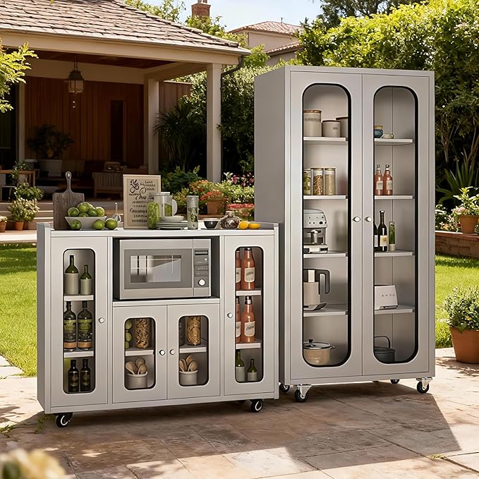 ZZV 68" Tall Stainless Steel Storage Cabinet with Wheels, Fully Assembled 5-Tier Kitchen Pantry Cabinet with Glass Doors for Garage, Utility Room, Laundry Room, Restaurant, Cafe, and Outdoor