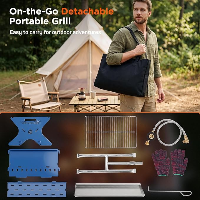 QuliMetal Portable Camping Grill, Foldable 3-in-1 Charcoal Wood Gas BBQ Grill with Carry Bag, Heavy-Duty Stainless Steel Fire Pit for Outdoor Cooking Backpacking Tailgating Patio Backyard