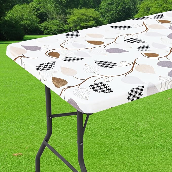 Smiry Spandex Fitted Tablecloth for 5 Foot Rectangle Tables, Washable Picnic Table Cover with Elastic, Stretch Reusable Table Cloth for Outdoor, Camping, Dining & Kitchen (Leaves, 30"x60")