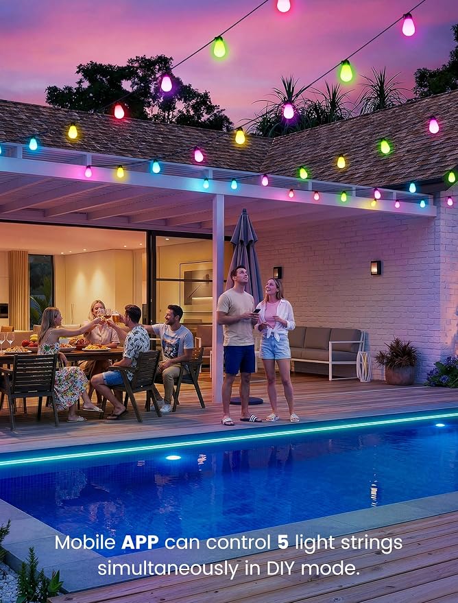 woohaha Smart Outdoor String Lights 45FT(37+8 Color Changing Patio Lights | 19 RGB+IC Shatterproof LED Bulbs,Multicolor&Warm White,Dimmable,Waterproof,APP&2.4G Remote,Custom Colors for Outside Decor