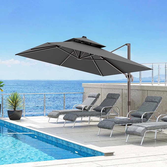 10x13FT Cantilever Outdoor Patio Umbrellas, Double Top Large Rectangle Umbrella, Heavy Duty 360° Rotation Offset Outdoor Sun Shade Umbrella for Garden Deck Pool Backyard Patio, Grey