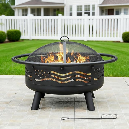 Breezz 38 Inch American Flag Fire Pit with Mesh Cover & Poker, Round Metal Wood Burning Outdoor Firepit for Patio, Garden, Backyard, Bonfire, Ideal for 4th of July, Memorial Day, Christmas