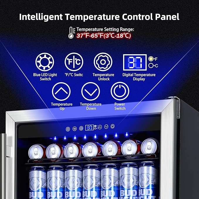24 Inch Beverage Refrigerator, 180 Cans Built-in Beverage Cooler with Glass Door, Under Counter or Freestanding Drink Fridge with LED Light & Adjustable Shelves For Home Bar Office - Silver