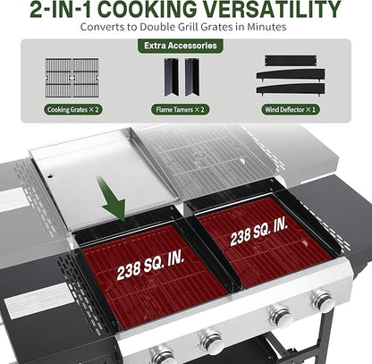 Gas Grill and Griddle Combo with Conversion Kit, 4-Burner Griddle Grill Combo with Folding Side Tables, 40,000 BTU Propane Grill with Cast Iron Grates and Stainless Steel Griddle