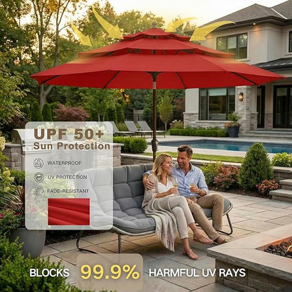 Kingdura 9ft 3-Tier Patio Umbrella, Outdoor Table Umbrella with Easy Crank & Tilt, 8 Reinforced Ribs, UV Protection for Deck, Pool, Market, Backyard (Red)