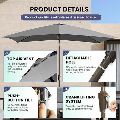 Ayge 6.5x10FT Rectangular Patio Umbrella Outdoor Table Umbrella w/Push Button Tilt & Crank Rectangle Market Umbrella UV Protection for Garden,Deck,Lawn,Yard & Pool,Grey