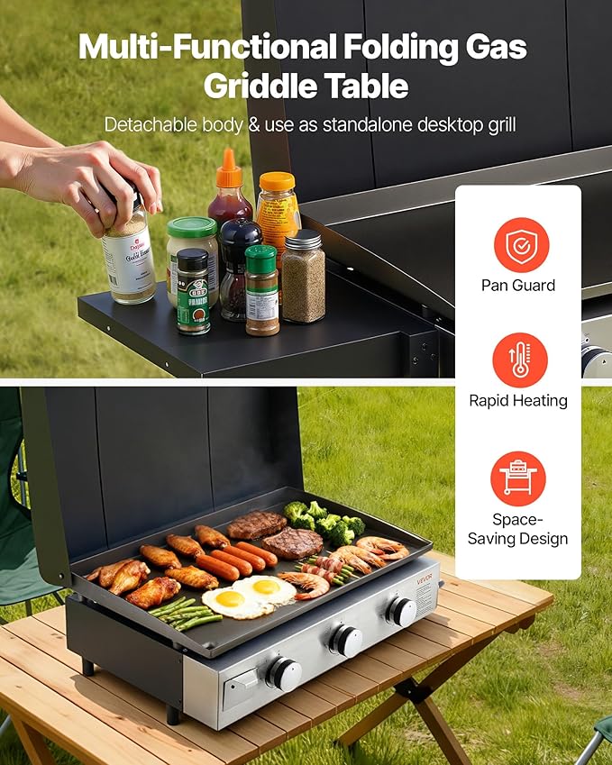 VEVOR Gas Griddle, 3-Burner Flat Top Grill, Propane Griddle with Wheels, Lid, 33000 BTU Outdoor Flat Top Grills for Pan-Frying, Grilling, Stir-Frying, & BBQ, Pulse Ignition, Removable Top Design