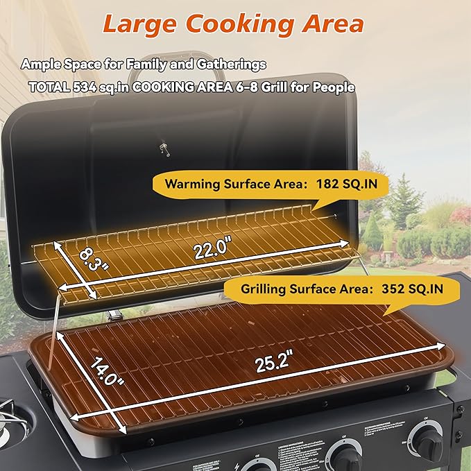 Outdoor Gas Grill with 6 Burners & Side Burner 59000 BTU Stainless Steel BBQ Grill Enamel-Coated Grates Side Tables for Backyard Patio Cooking Charcoal Grills & Smokers,A4