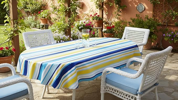 Newbridge Sun Wave Beach Stripe Flannel Back Vinyl Tablecloth - Navy, Yellow, White and Blue Wavy Striped Vinyl Indoor/Outdoor Waterproof, Patio, BBQ Tablecloth, 60 Inch x 84 Inch Oval