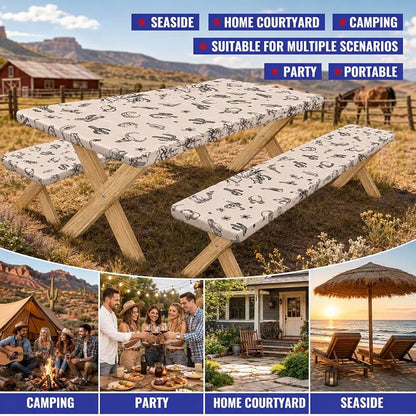 Cinrobiye 3PCS Western Cowboy Picnic Table Cover Set with Bench Covers Fitted Waterproof Rodeo Tablecloth Windproof Elastic Outdoor Camping Picnic Table Cover Rustic Western Party Decor 72 x 30 Inch