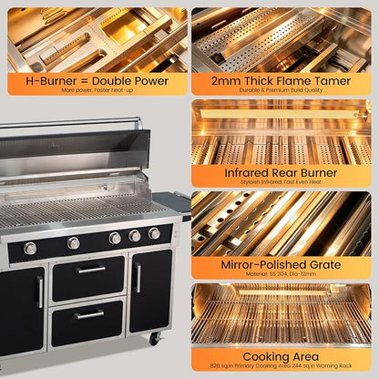49" Stainless Steel Propane Gas Grill, 4 Burners & Infrared Burner, Black | 304 stainless steel 99,000 BTU Infrared burner Versatile cooking space Storage drawers Warming rack Versatile cooking space