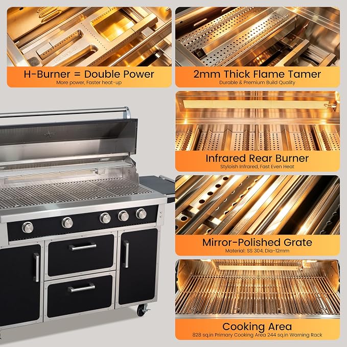 Black 49" Stainless Steel Natural Gas Grill, 4 Burners & Infrared Burner | 304 Stainless Steel 99,000 BTU Infrared Burner Professional Outdoor Cooking Warming rack Storage drawers Gliding wheels