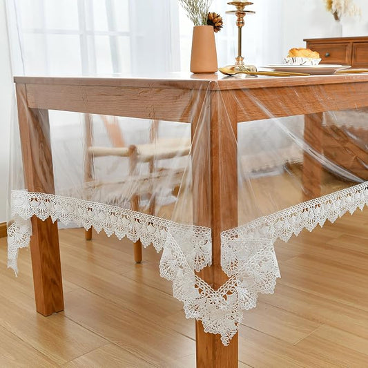 JIUZHEN Clear Vinyl Tablecloth Protector, Waterproof/Oil-Proof, Transparent Rectangle Vinyl Table Cloth, Wipe Clean, Plastic Table Cover with Lace Edge for Dining, Outdoor, 54"x120"