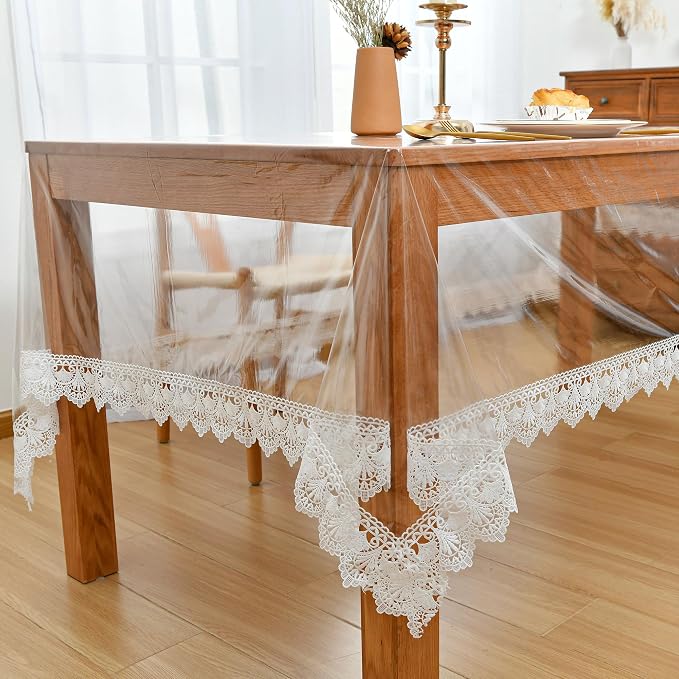 JIUZHEN Clear Vinyl Table Cover Protector, Transparent Rectangle Vinyl Table Cloth, Plastic Dining Tablecloth with White Lace Edge, Waterproof/Oil-Proof/Stain-Resistant, 60"x84"