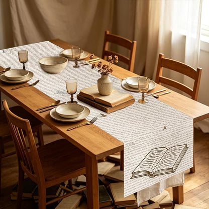 Retro Newspaper Book Theme Table Runner 72 x 13 Inches | Storybook Reading Decor, Linen Fabric, Washable Reusable Table Cover, Indoor Outdoor, Kitchen, Dining Table Decor