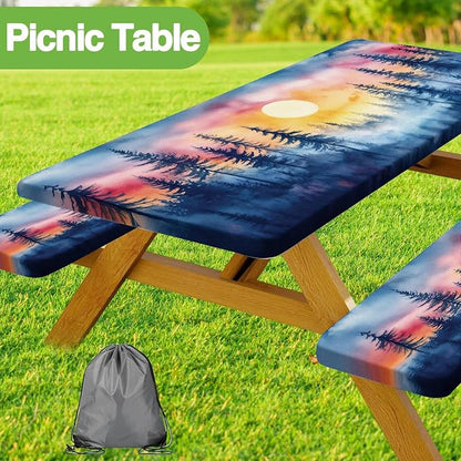 JAWO Picnic Table Cover with Bench Covers, Forest Mountain Camping RV Essentials Gear Supplies Outdoor Camper Waterproof Windproof Tablecloth with Elastic, 90in