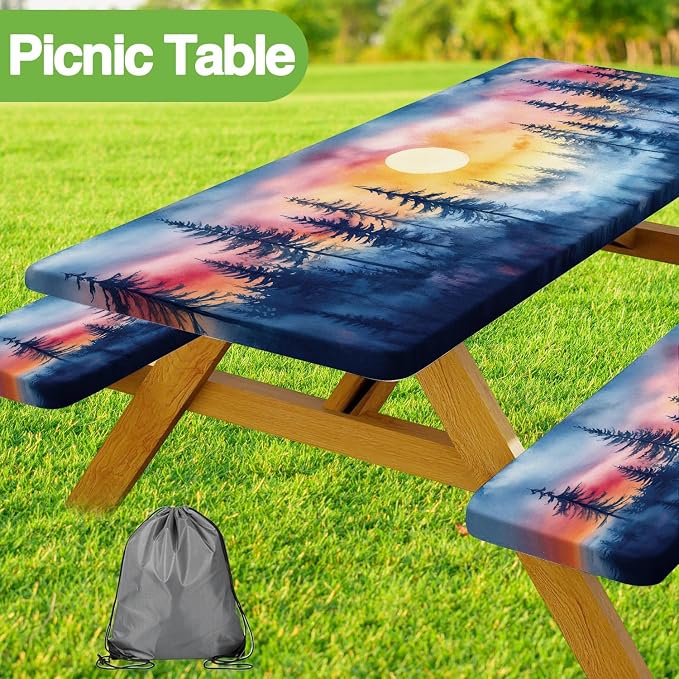JAWO Picnic Table Cover with Bench Covers, Forest Mountain Camping RV Essentials Gear Supplies Outdoor Camper Waterproof Windproof Tablecloth with Elastic, 60in