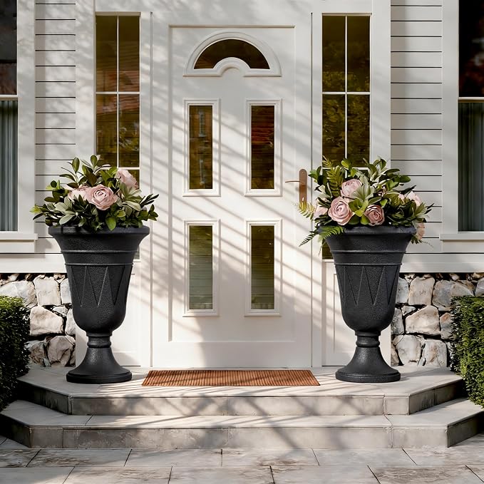 24" Tall Urn Planters for Outdoor Plants, Urns and Pedestal, Black | Resin HDPE Weather-Resistant Material, Vintage Trophy Design Outdoor Planters with Drainage Holes, Flower Pot/Vase/Porch Door