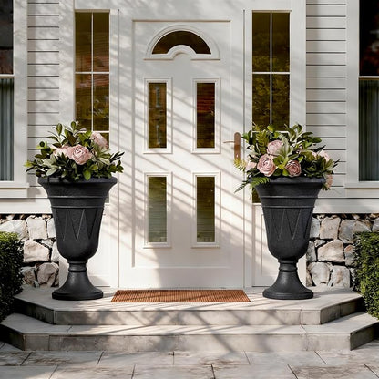 24" Tall Urn Planters for Outdoor Plants, Urns and Pedestal, Black | Resin HDPE Weather-Resistant Material, Vintage Trophy Design Outdoor Planters with Drainage Holes, Flower Pot/Vase/Porch Door
