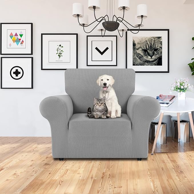 LURKA Stretch Chair Cover for Sofa, 1 Piece Armchair Slipcover, Sliver | Soft Stretch Jacquard, Fits 31"-55" Armchairs, Elastic Bottom for Secure Fit, Machine Washable, Pet & Kid Friendly