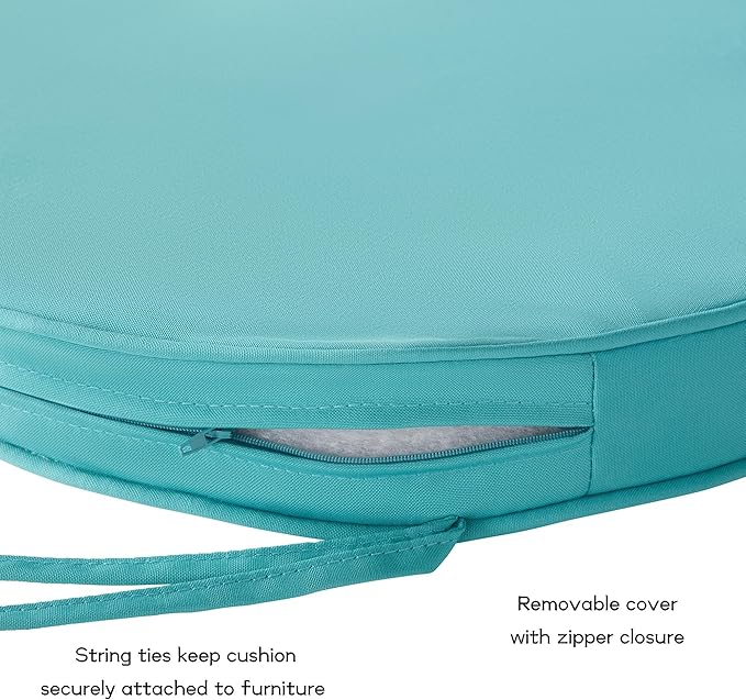Set of 2 Outdoor 18 inch Round Patio Dining Chair Pads – Comfortable Fiber-Filled Seat Cushions with Ties, Reversible Polyester Fabric - Teal