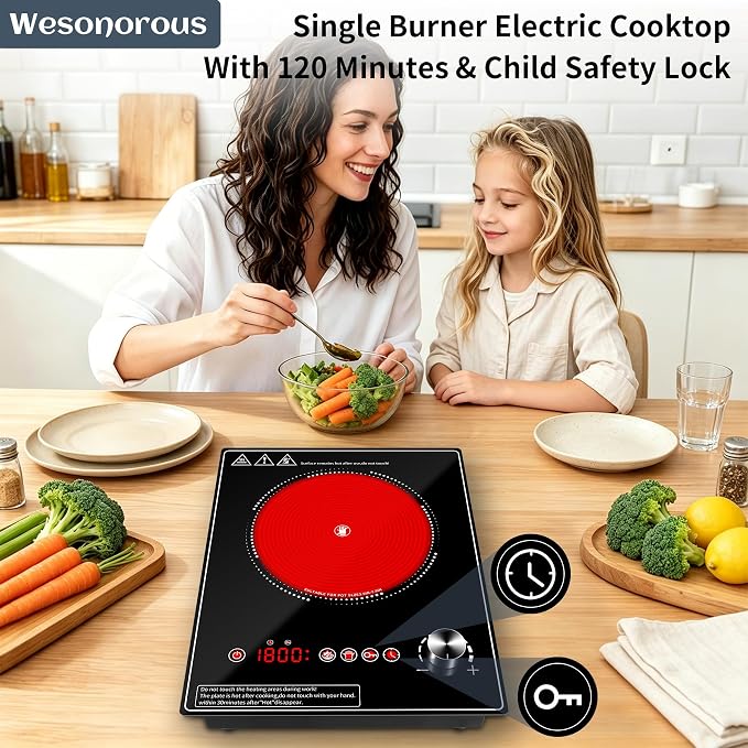 Single Burner Electric Cooktop, 1800W Electric Stove Top，portable cooktop with LED Touch Control,10Power Levels, 4H Timer, Safety Lock, single burner cooktop Overheat protection