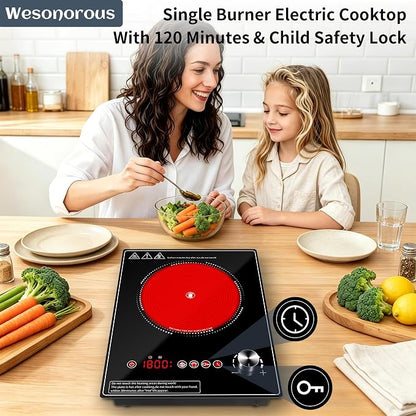 Single Burner Electric Cooktop, 1800W Electric Stove Top，portable cooktop with LED Touch Control,10Power Levels, 4H Timer, Safety Lock, single burner cooktop Overheat protection