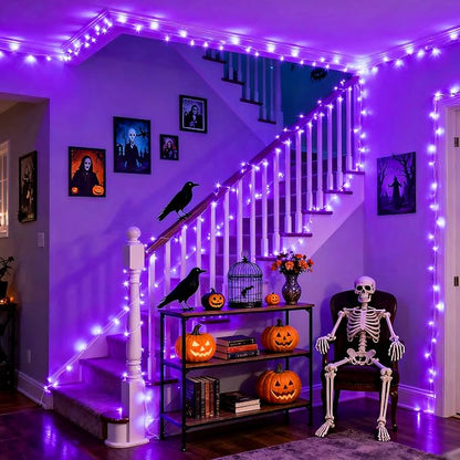 JMEXSUSS 33ft 100 LED Purple Halloween Lights Battery Operated, Waterproof | Halloween Decorations Lights with Remote Indoor Outdoor, Purple String Lights for Halloween Tree Room Proch Yard XMAS Decor