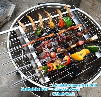 Innovative Thermal Insulation Handle BBQ Skewers Set - 6 Stainless Steel Wide BBQ Kebob Sticks For Grill - Flat Metal With 1 Food Remover Bar - 16.7' Inch Metal Kabob Skewers