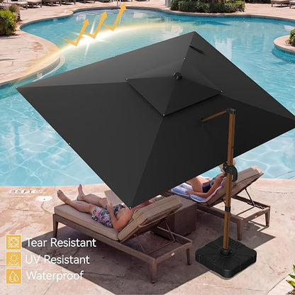 10x13 FT Wood Pattern Patio Umbrella, Large Deluxe Cantilever Rectangular Double Top Heavy Duty Offset Umbrellas with 360° Rotation, Outdoor shade for Garden Deck Pool Patio, Black