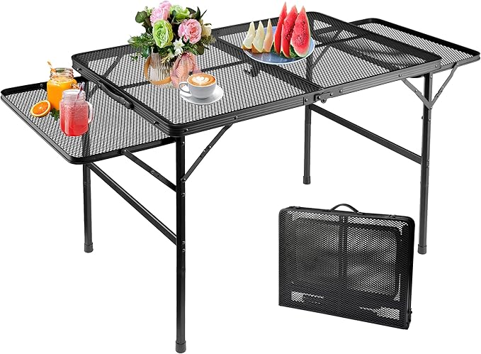 Large Folding Camping Table - Metal Mesh Grill Table with 2 Wing Panels | 2 Adjustable Heights | Large Picnic & Outdoor Table | Expandable Shelves, Lightweight (4.4 FT, Black)