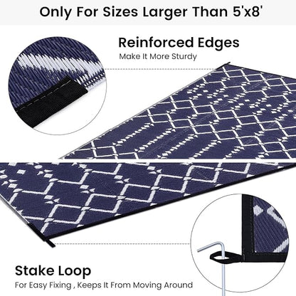 Smiry Outdoor Rug 6x9 ft Waterproof Reversible Boho Mat, Navy | Polypropylene Plastic Straw, Quick Drying, Lightweight Foldable, for Patio, Deck, RV Camping, Backyard and Indoor Outdoor Use
