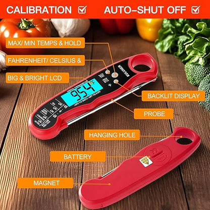 KULUNER Instant Read Meat Thermometer, Digital Food Thermometer with 4.6" Folding Probe, IP67 Waterproof, Backlight & Calibration, 2-3s Fast Reading for Kitchen Grilling BBQ Cooking Candy - Red