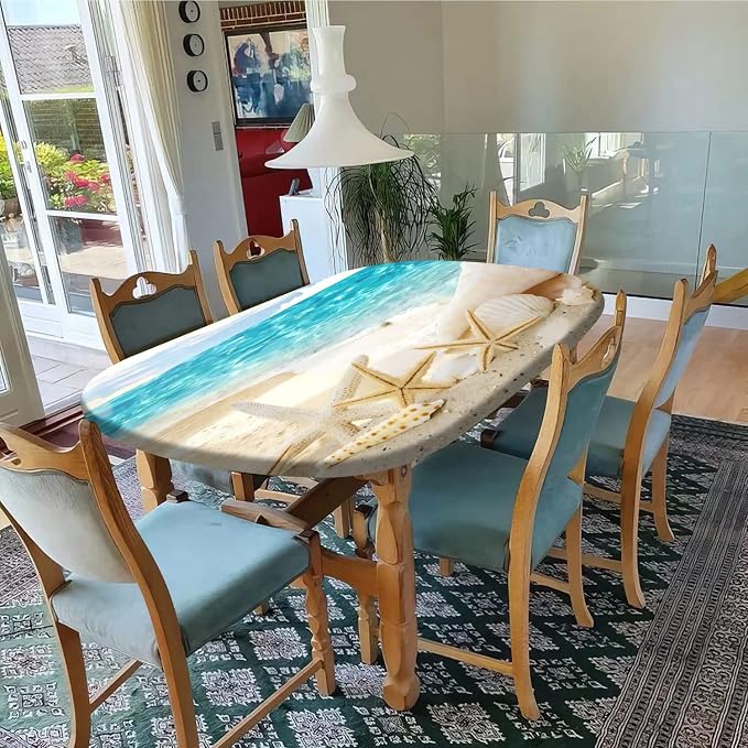 Oval Seashore with Shells Fitted Table Cover, Summer Sea Sun Beach Elastic Edged Polyester Waterproof Table Cover, for Indoor Restaurant or Outdoor Patio Party Dining, Fits Tables up to 54" W x 76" L