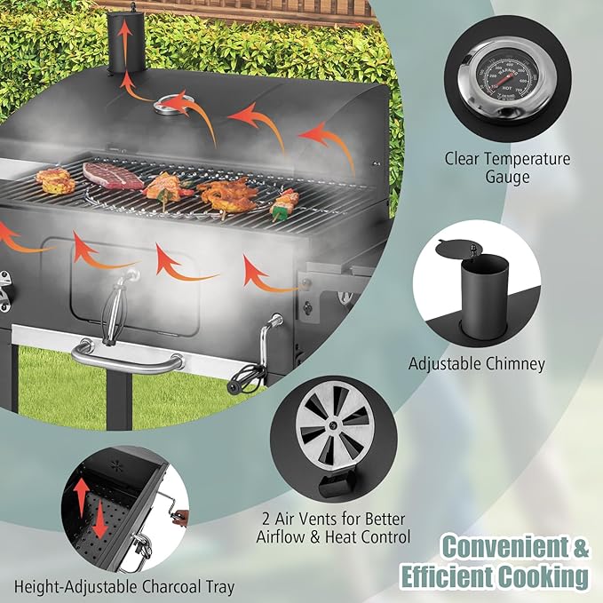 Giantex 24-Inch Charcoal Grill - 2 Foldable Side Tables, Bottom Storage Shelf, 8 Hooks, Adjustable Charcoal Tray, Pull-out Ash Tray, Outdoor BBQ Grill for Family Gatherings Backyard Party Camping